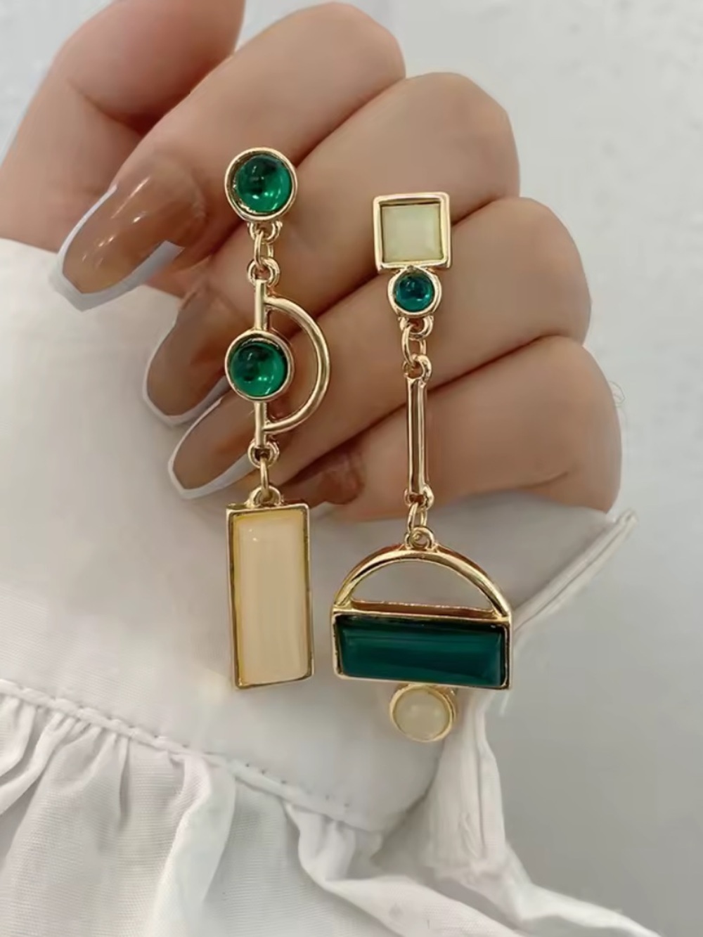 Gold-Tone Asymmetric Earrings with Emerald Green & Cream Accents